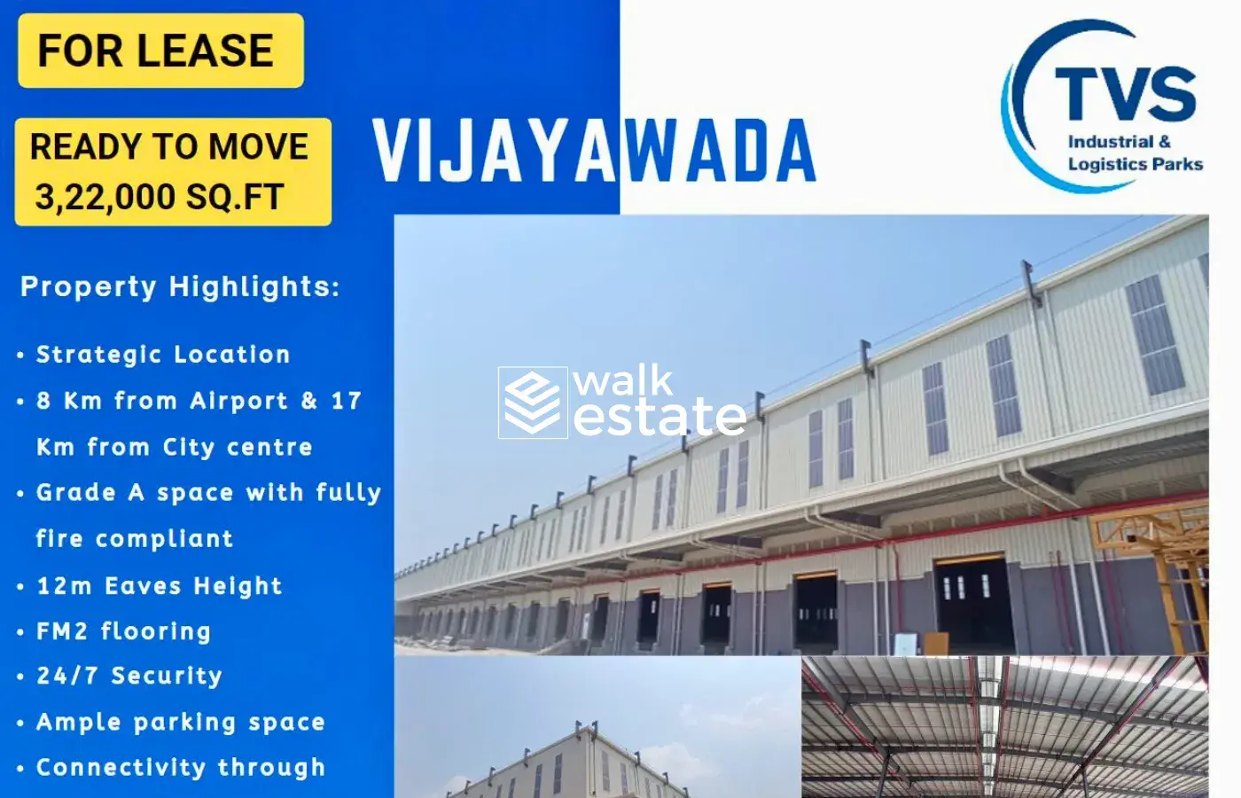 Massive 3,22,000 Sqft ready to move Warehouse for lease in Vijayawada Kankipadu